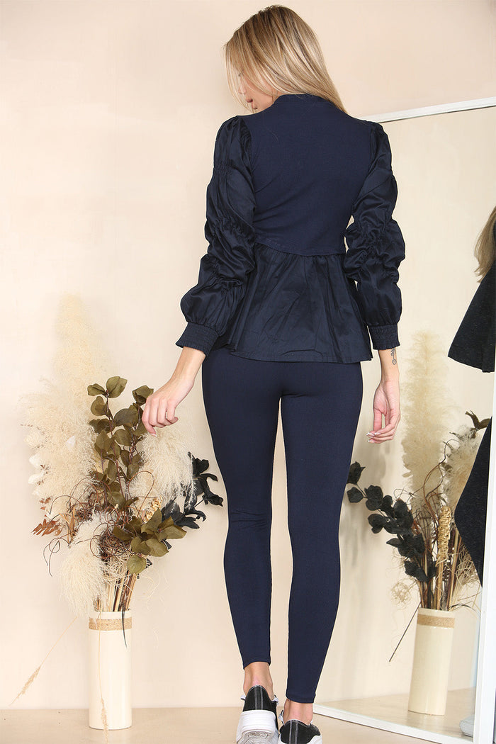 Long Ruched Sleeves Ribbed Peplum Diamond Buttons Frilled Hem Lounge Wear Co-Ord Set 🇬🇧