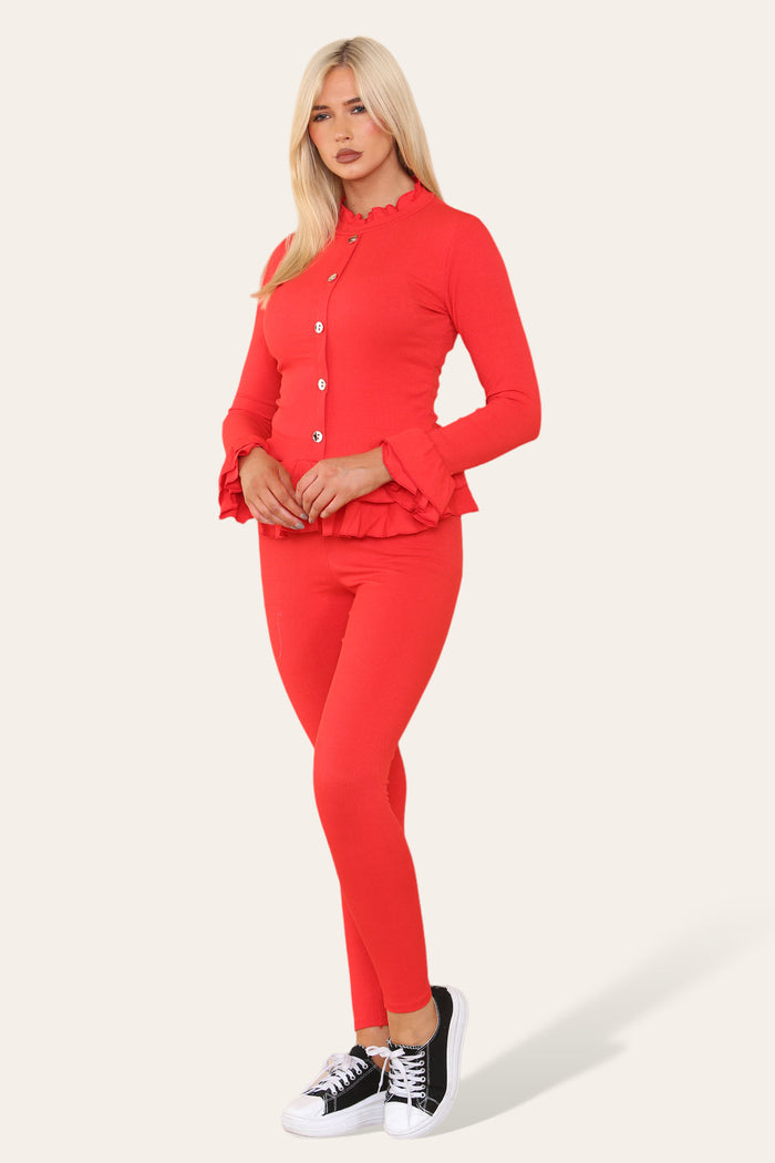 Long Sleeves Peplum Front Buttons Frilled Hem Lounge Wear Set 🇬🇧