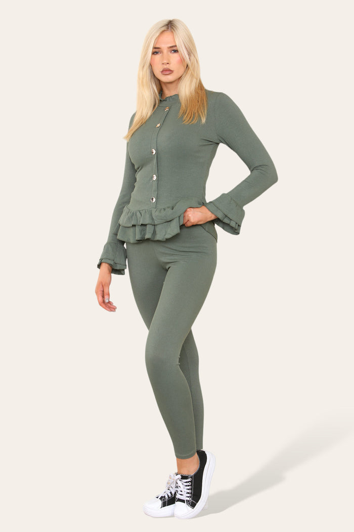 Long Sleeves Peplum Front Buttons Frilled Hem Lounge Wear Set 🇬🇧