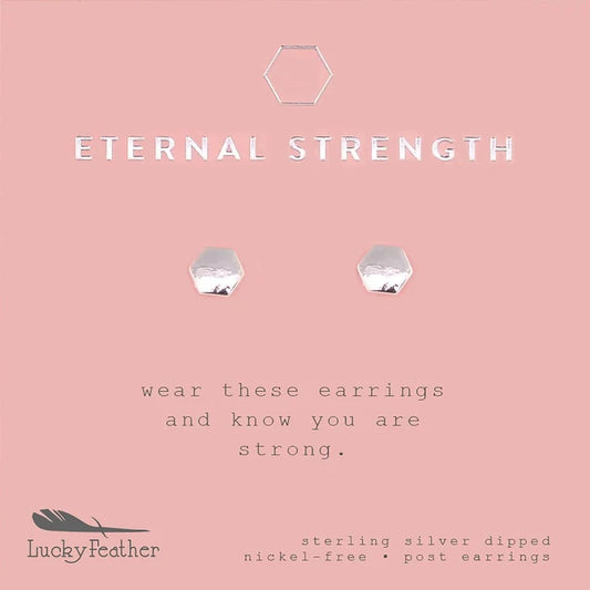 Lucky Feather Eternal Strength - Silver Hexagon Earrings