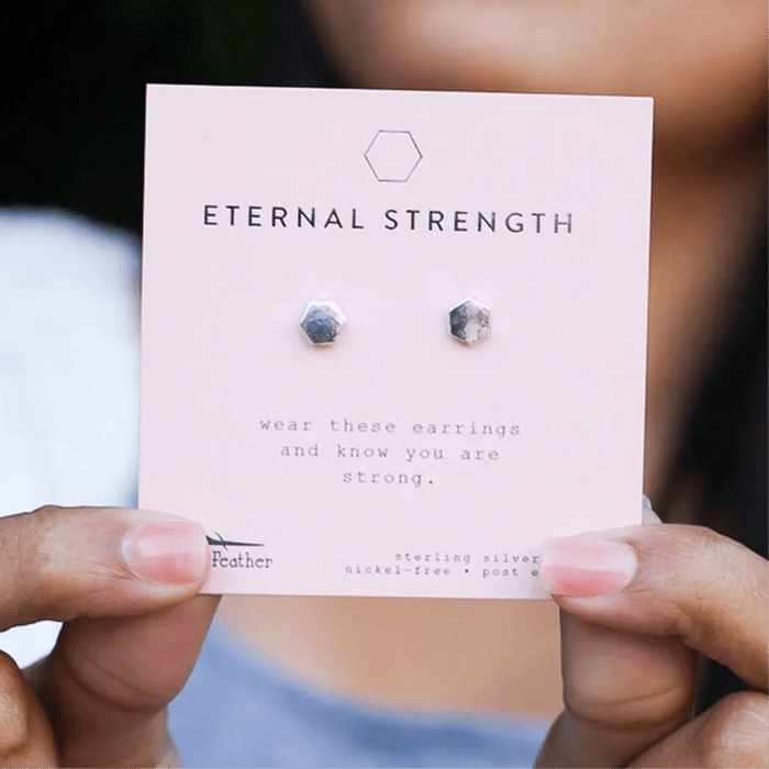 Lucky Feather Eternal Strength - Silver Hexagon Earrings