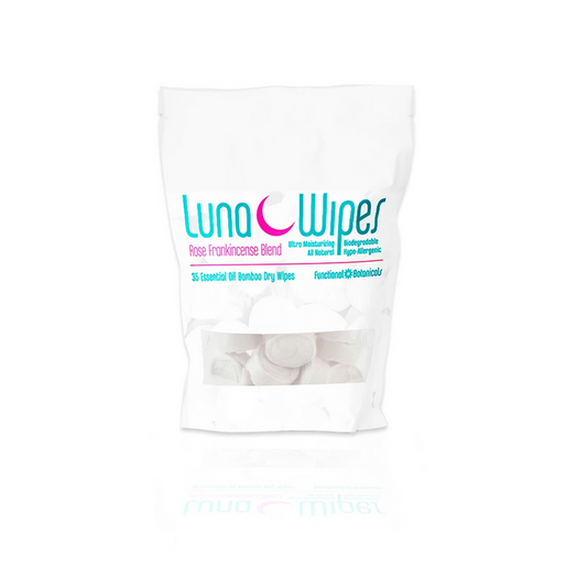 Luna Wipes - Eco Pak (35 Wipes) | Functional Botanicals in resealable white pouch featuring ultra moisturizing, all natural, hypo-allergenic bamboo dry wipes with rose frankincense blend for skincare.