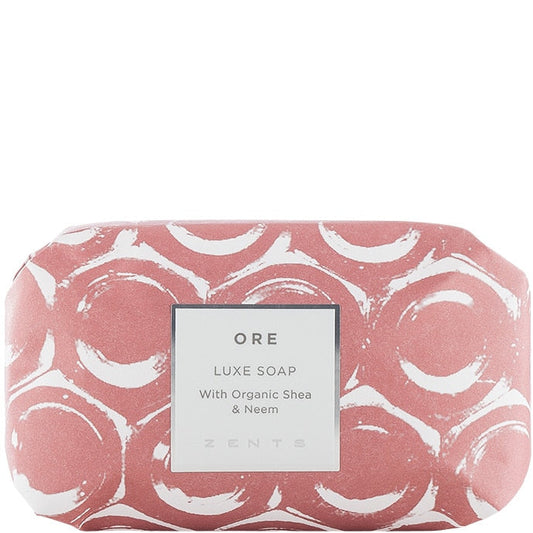 Luxe Soap Bar | Zents wrapped in artistic pink and white patterned paper, highlighting organic shea and neem ingredients for premium skincare and body care.