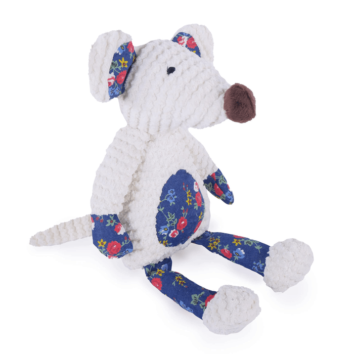 Teddy bear style white Mouse Dog Toy with floral fabric patches on the ears and belly, same floral material on the legs and paws. Mouse has a brown material nose and stitched eye details. Sat sideways on a white background.