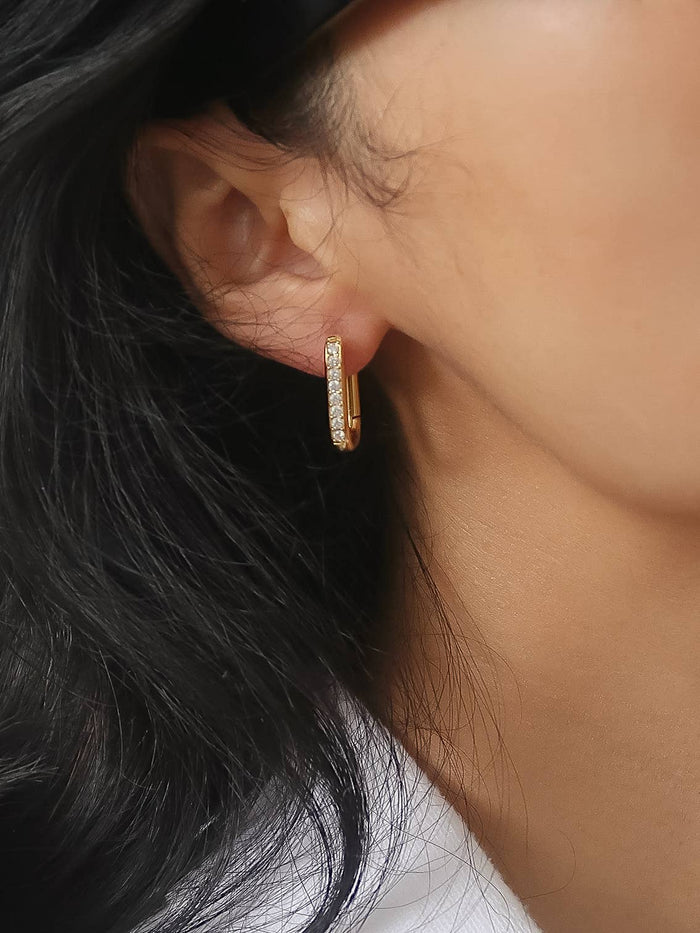 Marze 18K Gold Non-Tarnish CZ Oval Huggie Earrings: Yellow Gold - Olita Gifts & Goods