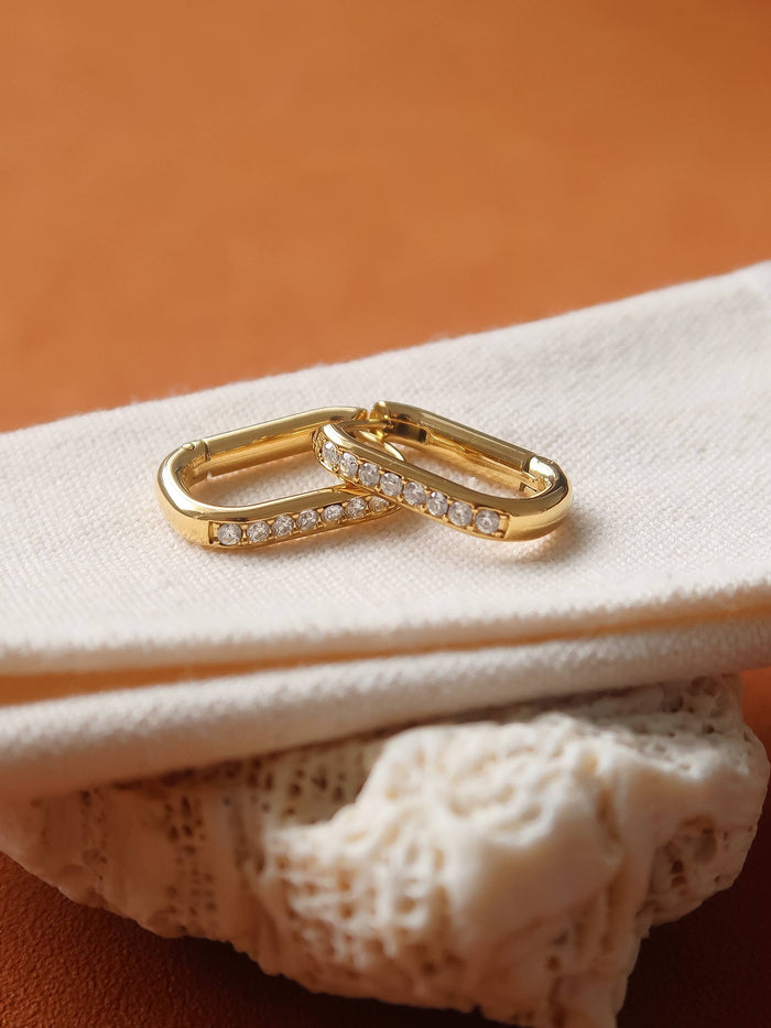 Marze 18K Gold Non-Tarnish CZ Oval Huggie Earrings: Yellow Gold - Olita Gifts & Goods