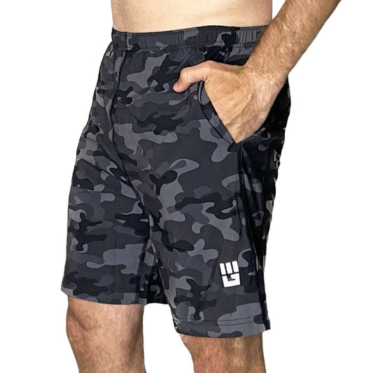 Men's black and gray camo freestyle running shorts with side pockets and drawstring