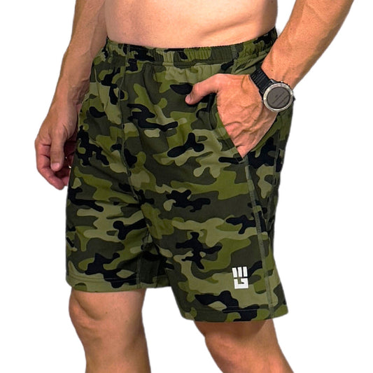 Men's green camo running shorts with drawstring waistband and side pocket