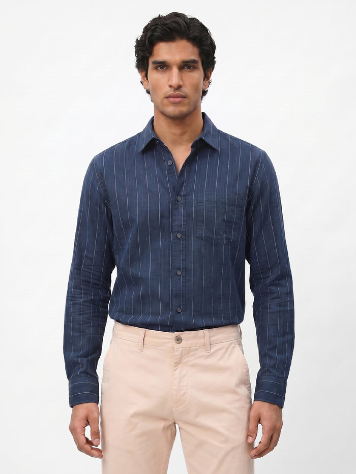 Men's Navy Cotton Lycra Regular Fit Shirt