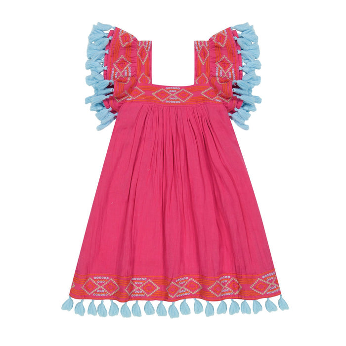 Mer St Barth Serena Tassel Dress in Raspberry Embroidery