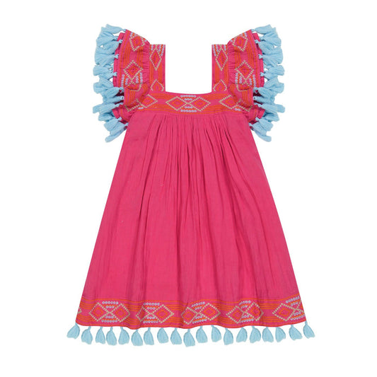 Mer St Barth Serena Tassel Dress in Raspberry Embroidery
