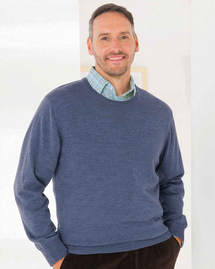 Merino Wool Crew Neck Jumper Mens - Blue Marl - Country Collection