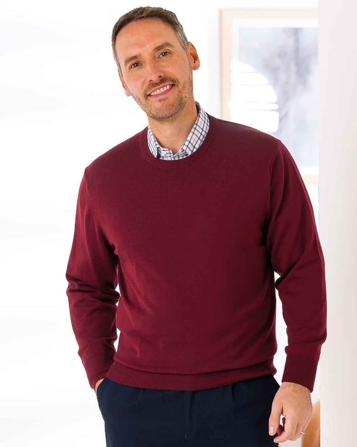 Merino Wool Crew Neck Jumper Mens - Claret - Country Collection