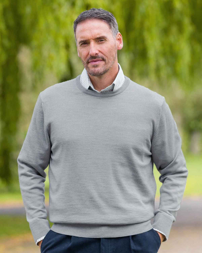 Merino Wool Crew Neck Jumper Mens - Light Grey - Country Collection