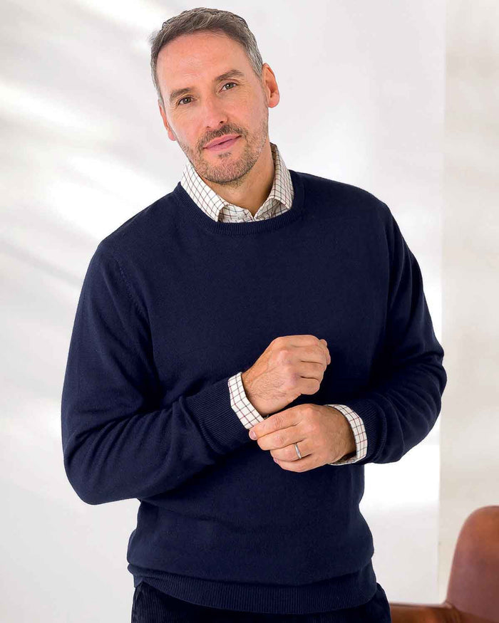 Merino Wool Crew Neck Jumper Mens - Navy - Country Collection