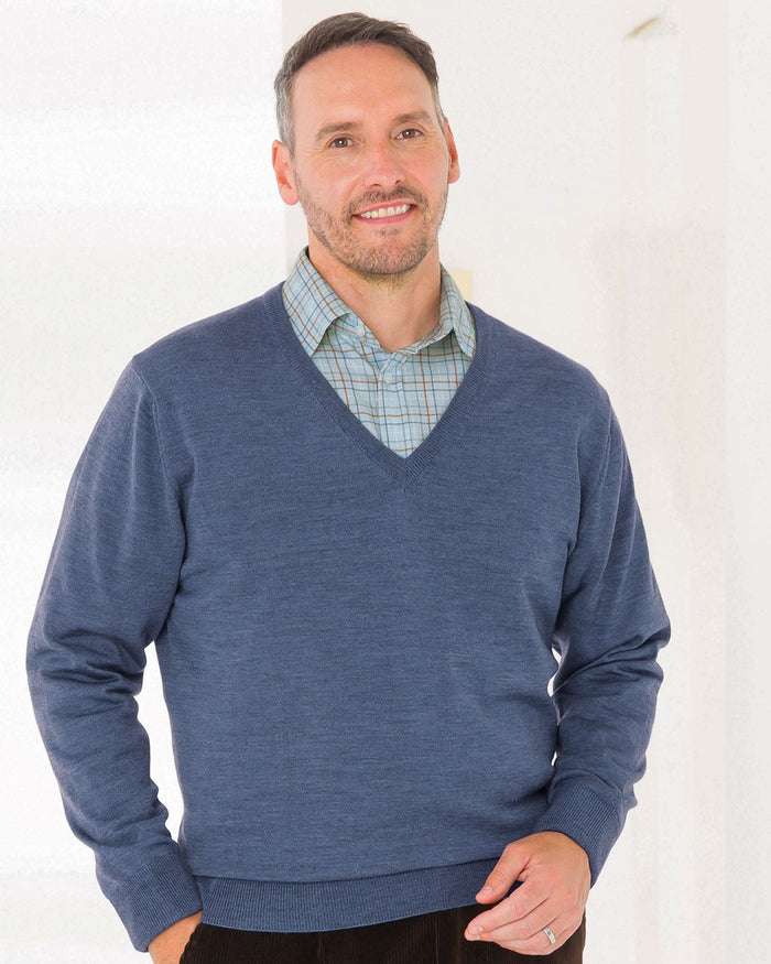 Merino Wool V Neck  Jumper - Blue Marl - Country Collection
