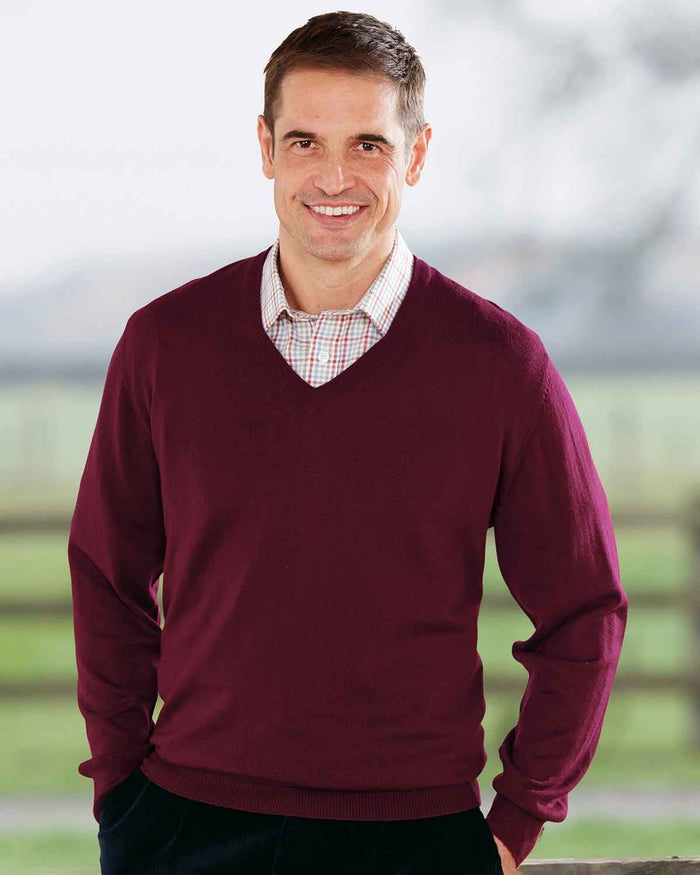 Merino Wool V Neck  Jumper - Claret - Country Collection