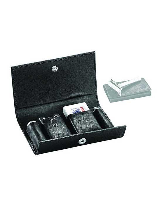 Merkur 3-Piece Travel Double Edge Safety Razor with Blades In Black Leather Case - MK46002