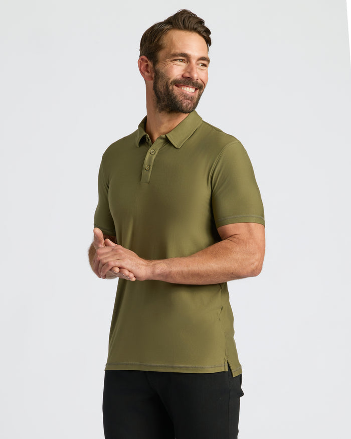 Military Green Active Polo 2.0 worn by smiling man.