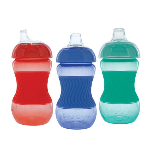 Three Mini Gripper Soft Spout Sippy Cups with matching textured sleeves are lined up: one red, one blue, and one green. Each leakproof cup features a soft spout for easy sipping and comes in a convenient 3-pack.