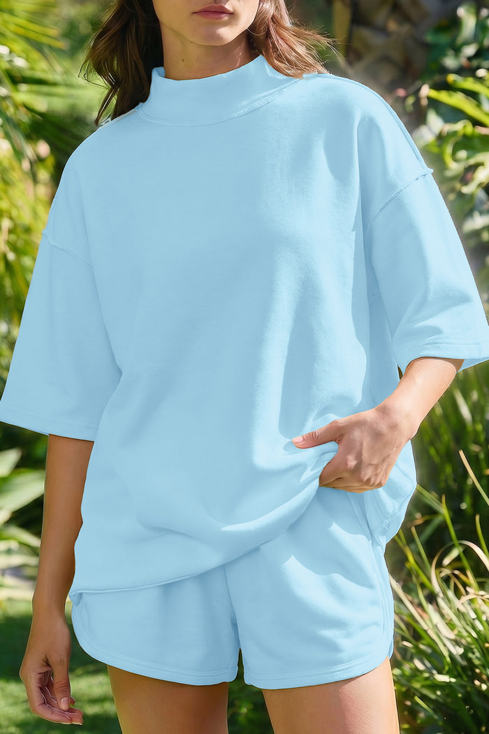 Mist Blue Solid Color Exposed Seam Mock Neck Oversize Tee Casual Shorts 2pcs Outfit 🇺🇸