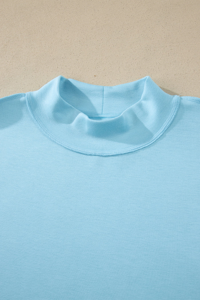 Mist Blue Solid Color Exposed Seam Mock Neck Oversize Tee Casual Shorts 2pcs Outfit 🇺🇸