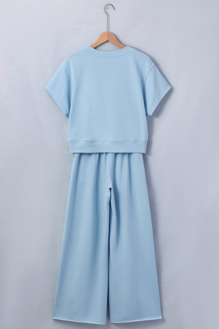 Mist Blue Solid Color Loose Tee Drawstring Wide Leg Pants 2pcs Outfit 🇺🇸