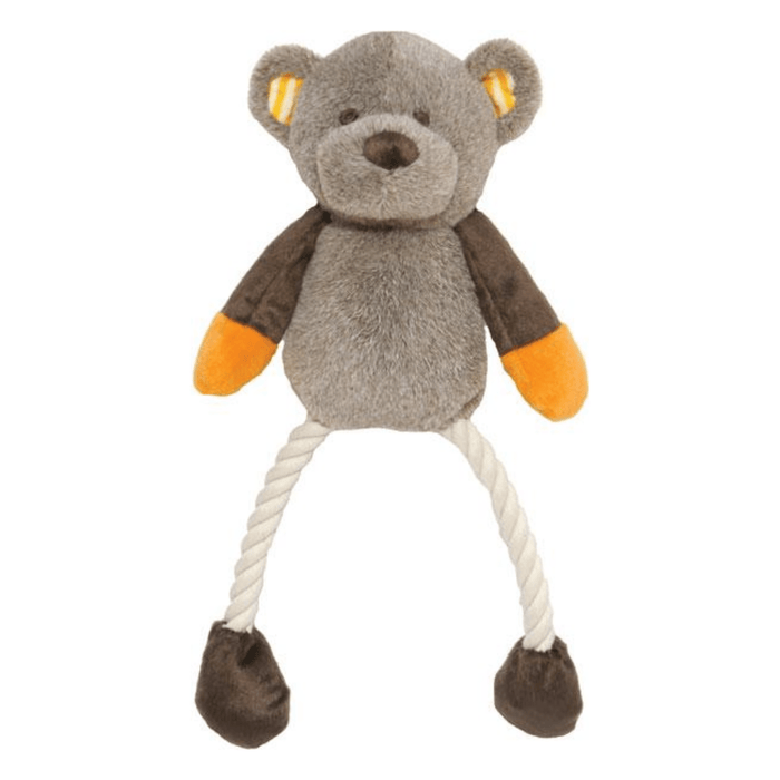 Teddy bear toy dog with brown head and body with orange ears and hands, white rope legs attached to brown feet pictured on a white background.