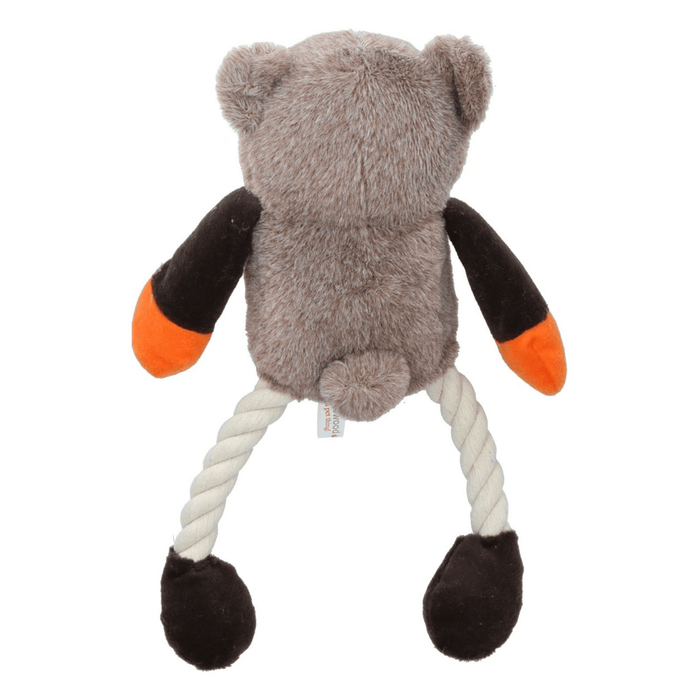 Back view of Teddy bear toy dog with brown head and body with small tail, orange hands, white rope legs attached to dark brown feet pictured on a white background.