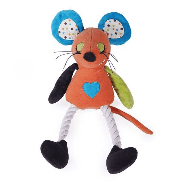 Front view of orange mouse dog toy with blue ears with polka inner ear, black nose, green eyelids with black eye lashes and whiskers, one green arm and one black, orange tail, white rope legs attached to black feet and a small blue heart stitched on the belly sat on a white background.