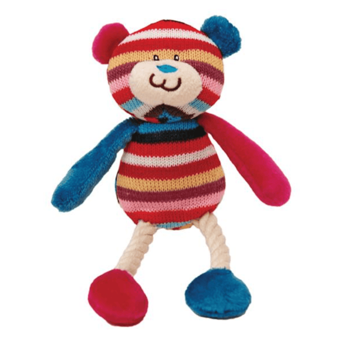 Multi-coloured stripy teddy bear dog toy with stitched eye and mouth details and a blue nose, purply-red and blue ears, arms and feet attached to white rope legs pictured on white background.