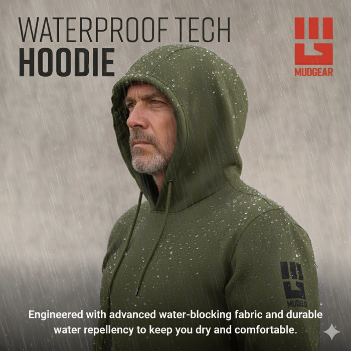 Man wearing olive drab green waterproof tech hoodie in heavy rain, hood up