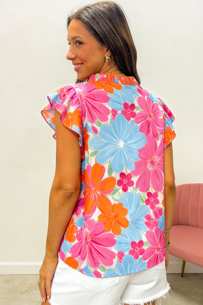 Multicolour Vibrant Flower Printed Tie V Neck Ruffle Trim Sleeveless Blouse 🇺🇸