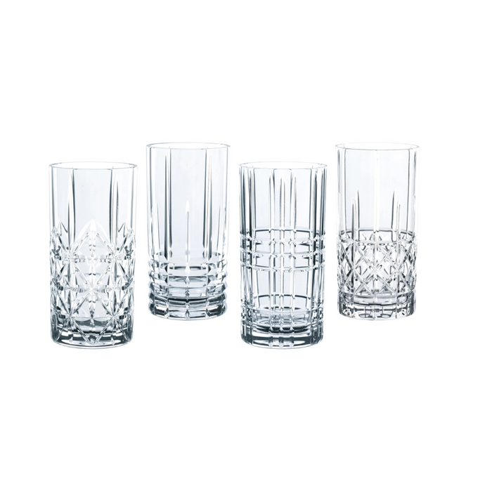 A set of four clear glass highball glasses with a geometric pattern, displayed on a white background.