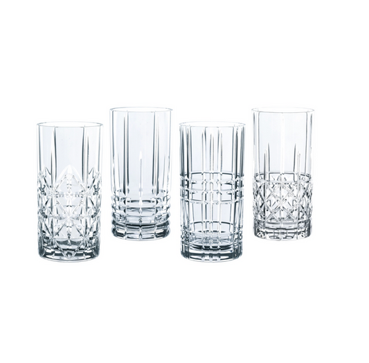 A set of four clear glass highball glasses with a geometric pattern, displayed on a white background.