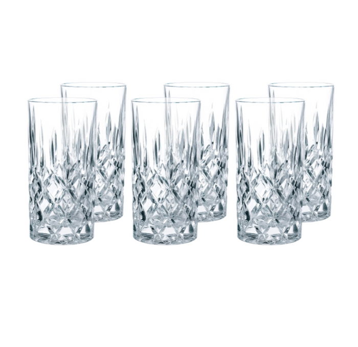 A set of four clear glass stemware pieces with a geometric pattern.