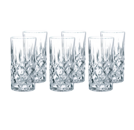 A set of four clear glass stemware pieces with a geometric pattern.