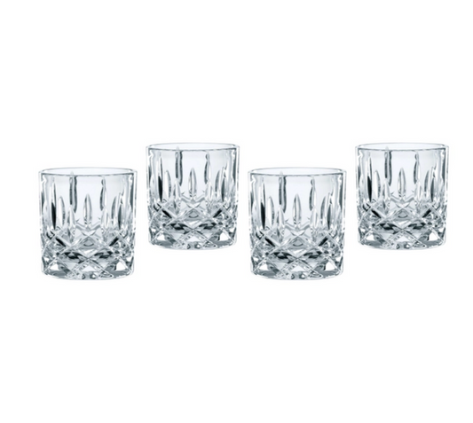 Set of 4 old fashioned glasses with a geometric pattern on a white background.