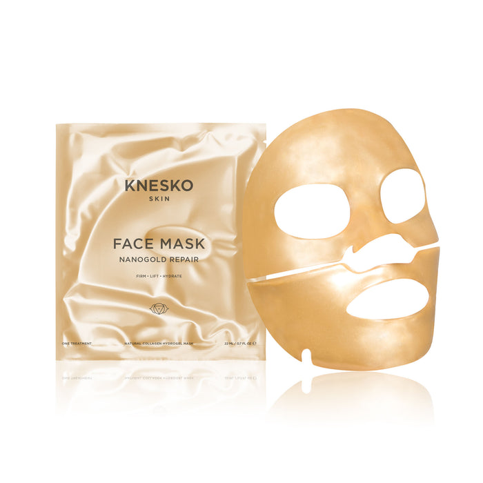 Nanogold Repair Face Mask - Single | Knesko gold-colored facial sheet mask next to its matching gold foil packaging, promoting skincare and hydration benefits.
