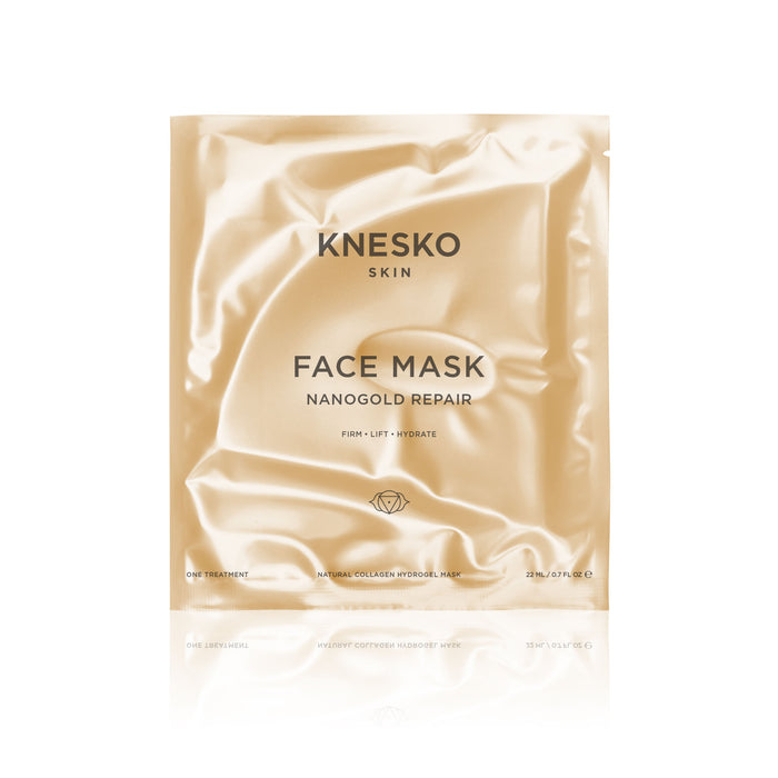 Packaging of Nanogold Repair Face Mask - Single | Knesko in a shiny gold-colored pouch designed for skincare, promoting firm, lift, and hydration benefits.