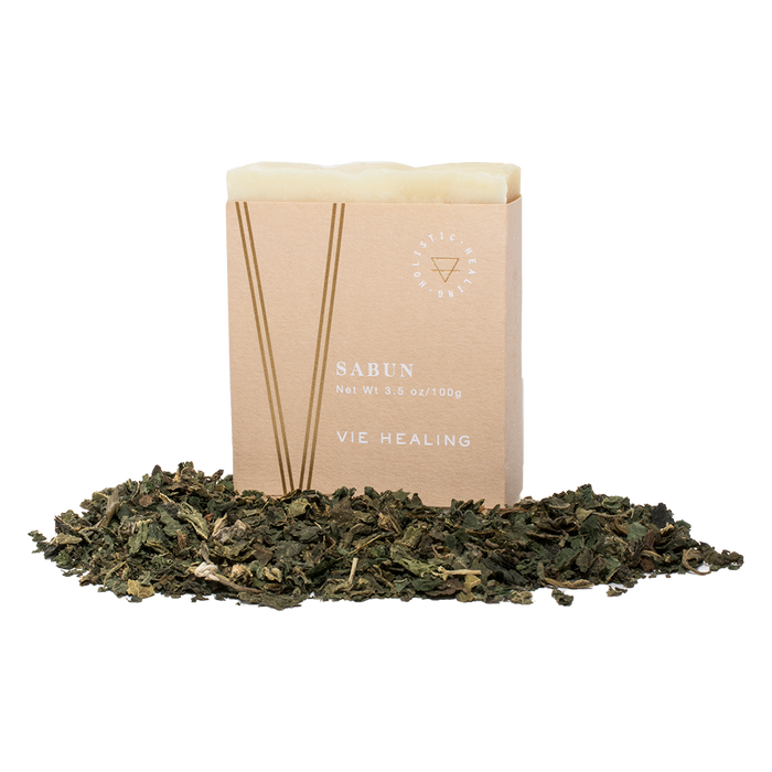 Nettle Sabu Soap | Vie Healing bar soap with natural nettle leaves scattered around, promoting skincare and wellness benefits.