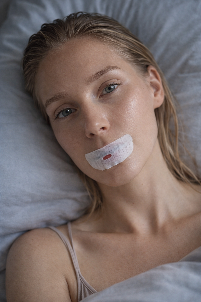 woman wearing oi tape vented mouth tape in bed