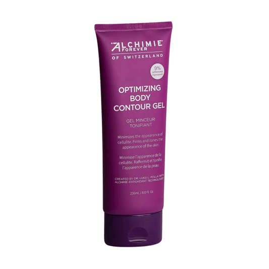 Tube of Optimizing Body Contour Gel | Alchimie Forever in a deep purple container, designed to minimize cellulite and firm the skin for enhanced body contouring.