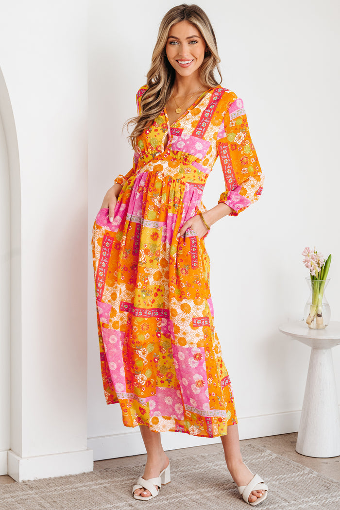 Orange Floral Patchwork Print Cut out Tied Back Bracelet Sleeve Maxi Dress 🇺🇸