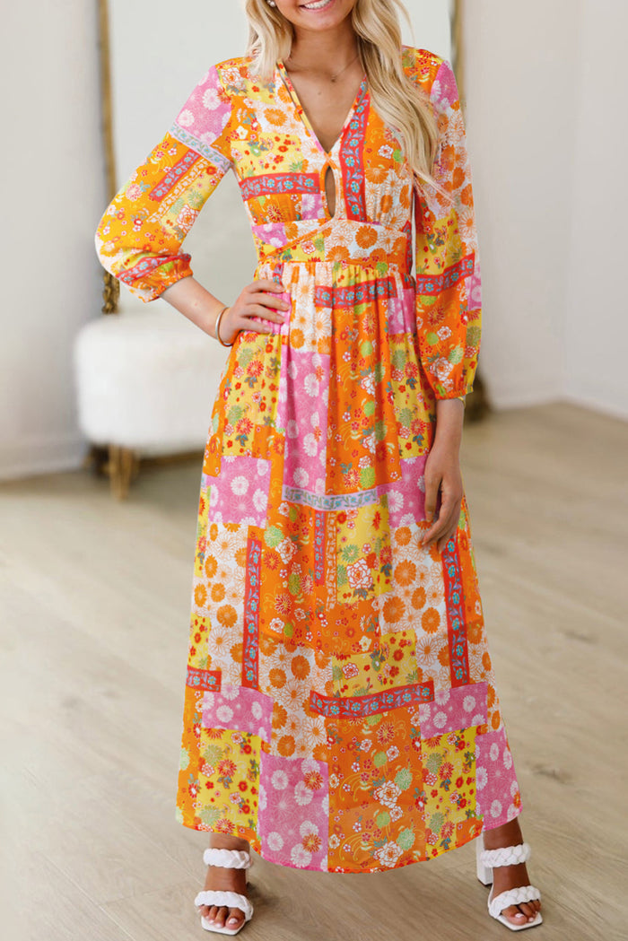 Orange Floral Patchwork Print Cut out Tied Back Bracelet Sleeve Maxi Dress 🇺🇸