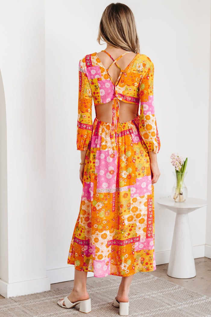 Orange Floral Patchwork Print Cut out Tied Back Bracelet Sleeve Maxi Dress 🇺🇸