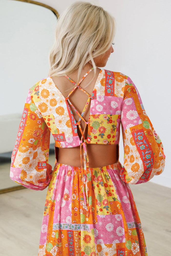 Orange Floral Patchwork Print Cut out Tied Back Bracelet Sleeve Maxi Dress 🇺🇸