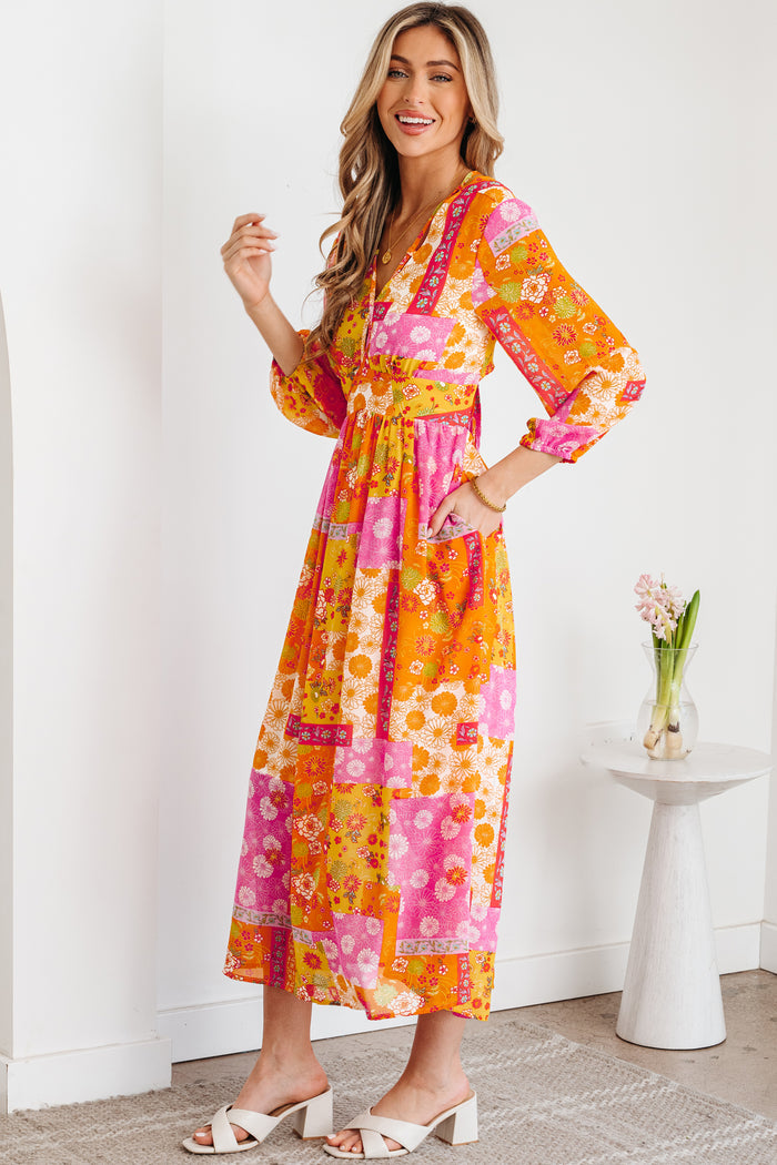 Orange Floral Patchwork Print Cut out Tied Back Bracelet Sleeve Maxi Dress 🇺🇸