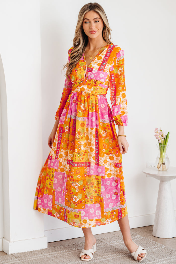 Orange Floral Patchwork Print Cut out Tied Back Bracelet Sleeve Maxi Dress 🇺🇸