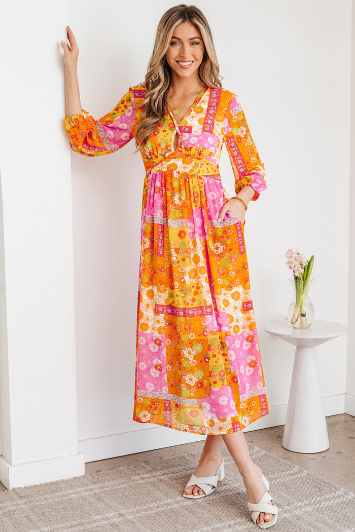 Orange Floral Patchwork Print Cut out Tied Back Bracelet Sleeve Maxi Dress 🇺🇸